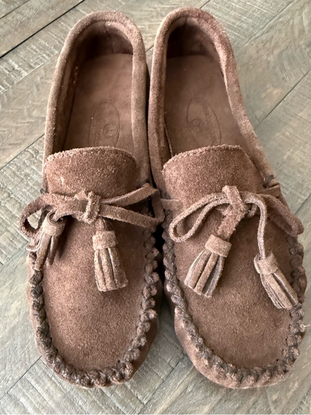 Women's Brown Suede Tassel Moccasins with Peace Logo - Picture 3 of 15